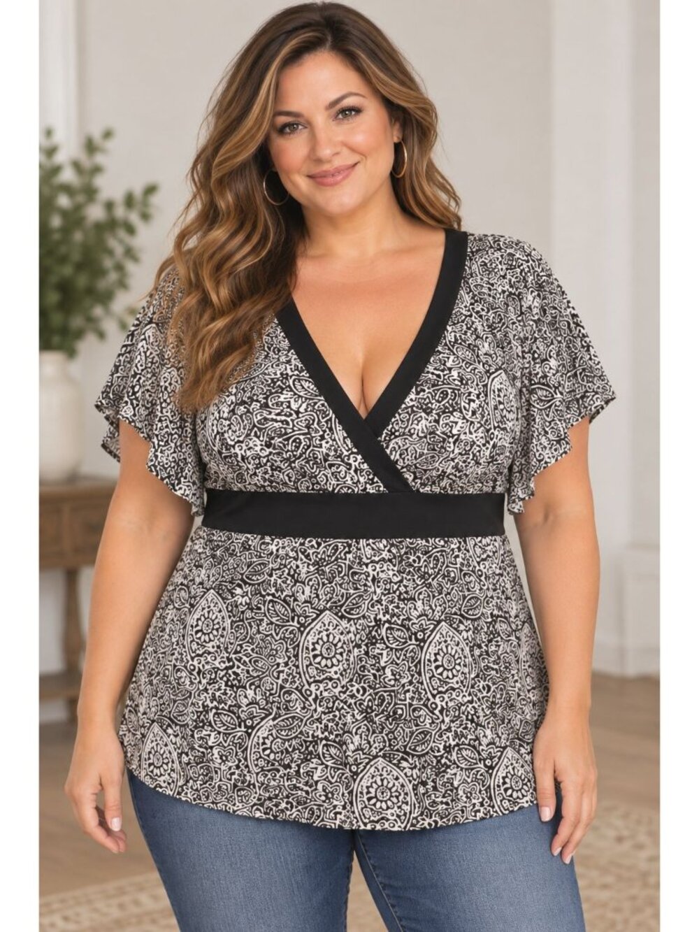 One Clothing 3X Plus Size Y2K Babydoll Top Blouse Brown Boho Leaves Print Fall